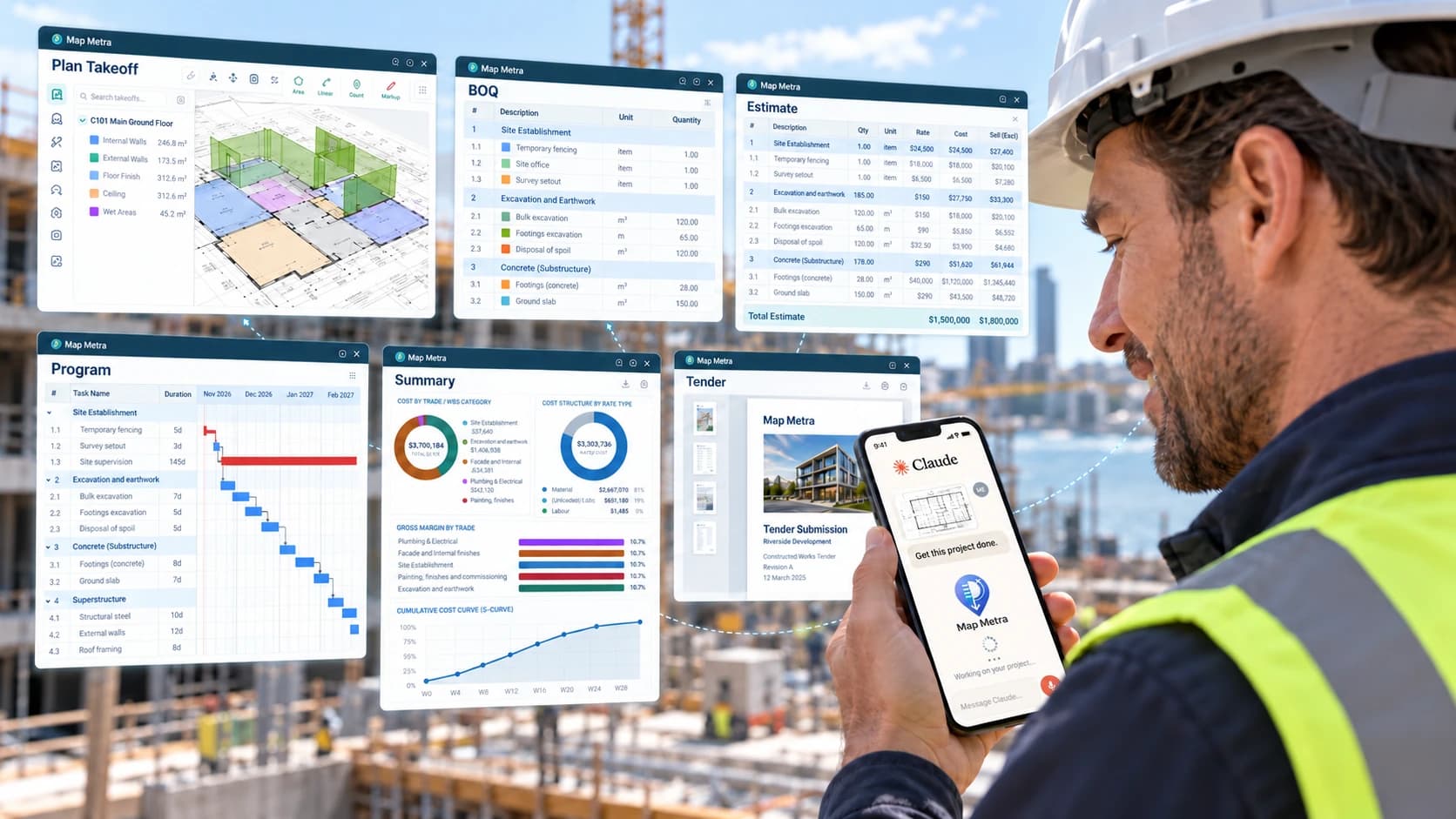 A site worker measuring a project in Map Metra on their phone with Claude, surrounded by the Plan Takeoff, BOQ, Estimate, Program, Summary and Tender tabs for the same project
