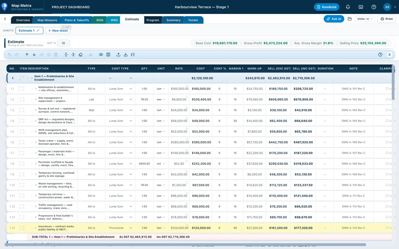 An estimate sheet with rate build-ups, margins and totals