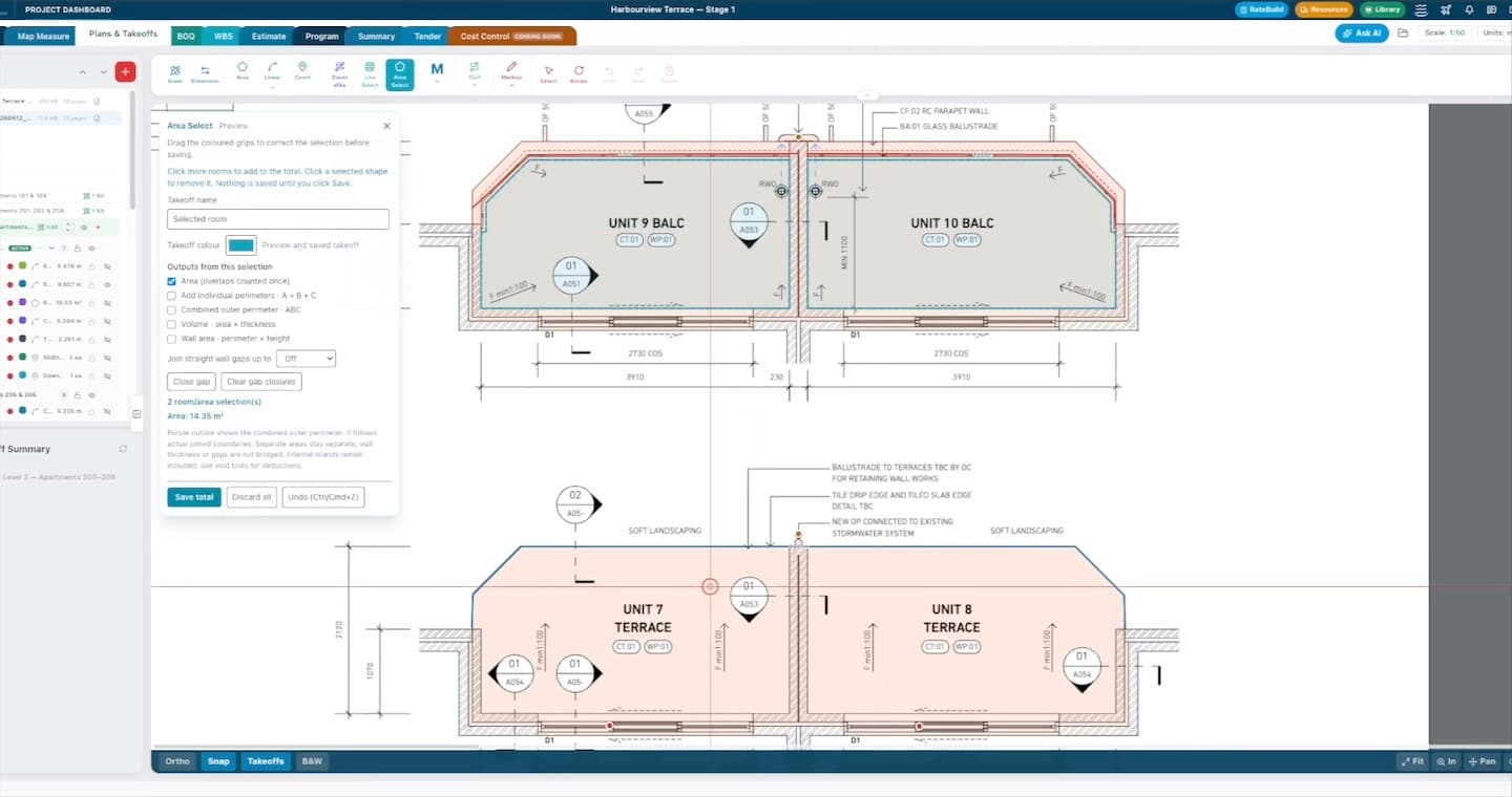 Coloured area takeoffs on a floor plan in Plans & Takeoff