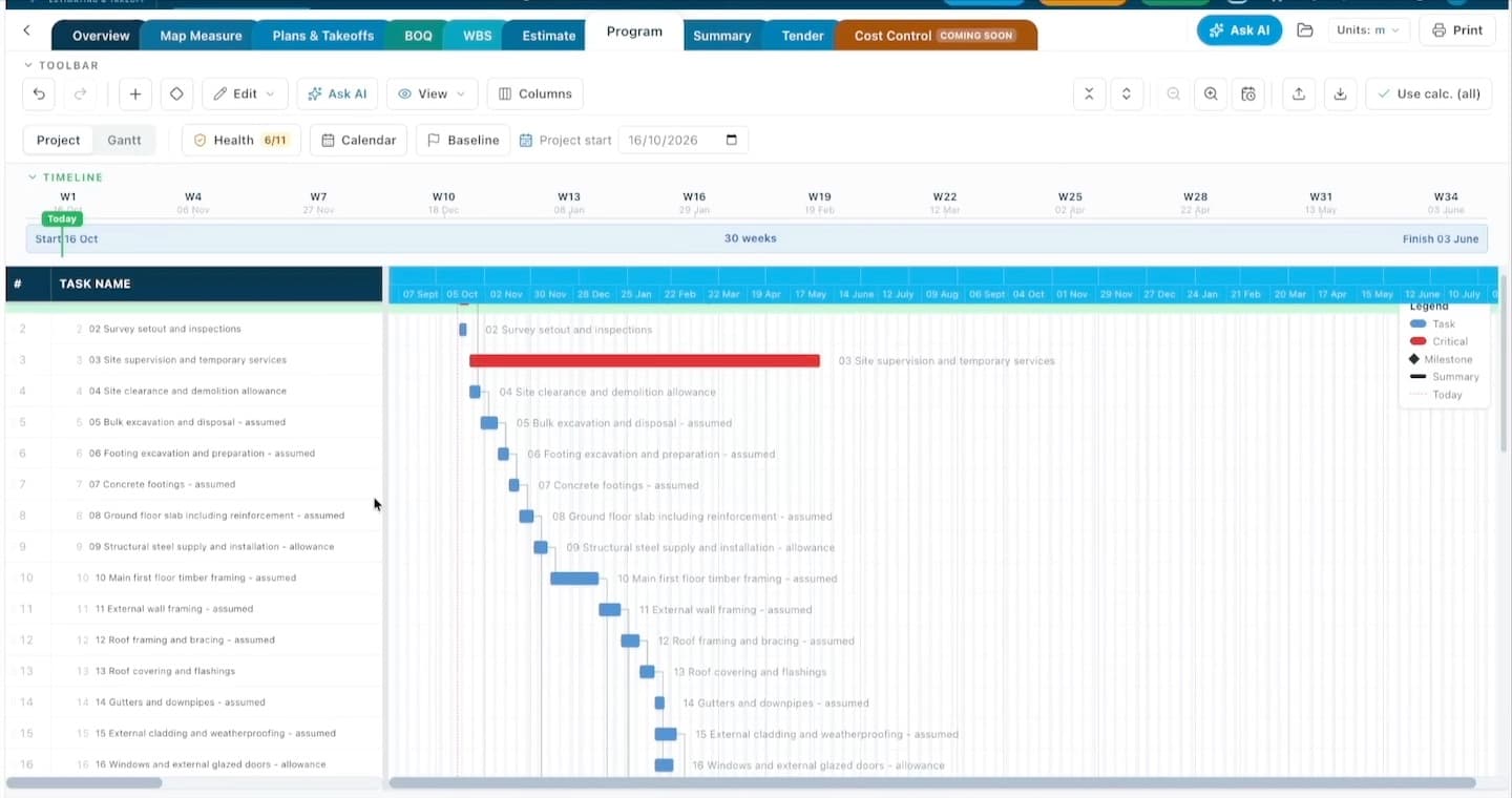 Construction program Gantt chart built from the estimate