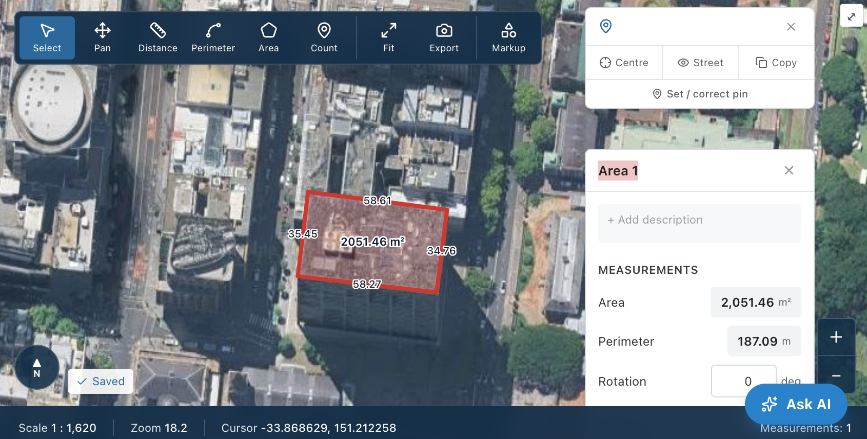 Measuring an area on the Map Metra aerial map